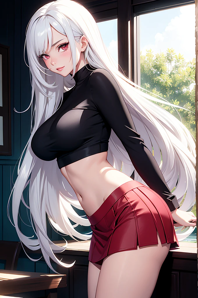 masterpiece, best quality, best lighting, shadows, portrait, perfect anatomy, 1 girl, adult anime girl, 21 years old, allure, erotic, mature features, pretty face, pretty lips, pretty eyes, white wavy hair, red eyes, seductive eyes, blushing, flirty, pretty smile, huge ass, breast, thighs, seductive, spicy, hot, flirty, crop top, tiny skirt, nsfw,