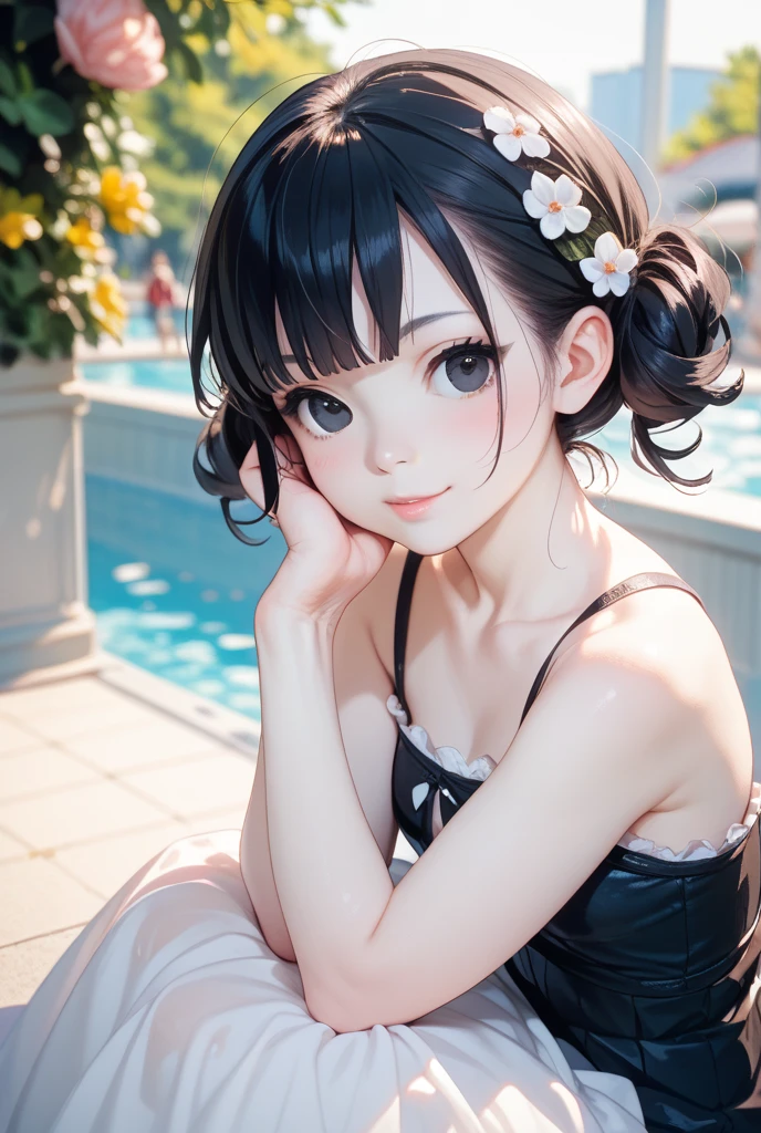 Kiddie, adorable, girl,small breasts,  cleavage,  ruffle summer dress,  ponytail ,, ,black hair,  upper body shot,(smile:0.8), Suggestive, black eye, lip details, highly detailed face ,  high quality rendering , (4k, High resolution:1.37),Emphasize the contrast between light and shadow.