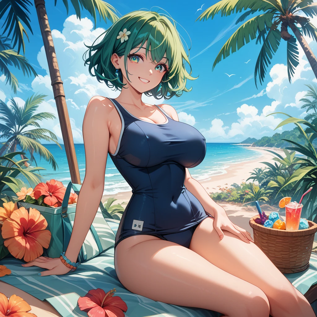 Chica de anime acostada en una cama con una botella de cerveza, Tatsumaki de One Punch Man, Tatsumaki, Tatsumaki con cabello verde rizado, en una playa, Fanart de alta calidad, en la playa, Tendencias en ArtStation Pixiv, Guweiz en Pixiv Artstation, Fanart exquisito altamente detallado, Artgerm extremadamente detallado, Arte Zerochan,bikini ajustado,sentado,piernas cruzadas.