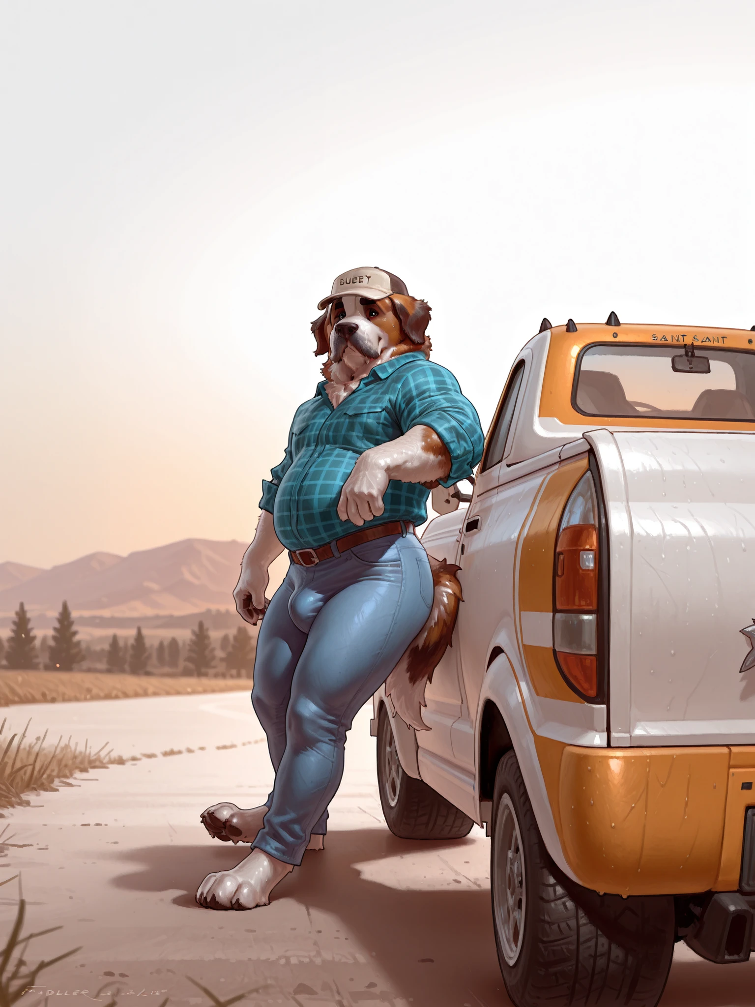 Taran Fiddler , ((A sweet old anthro Saint Bernard dog leaning against his pickup truck.)) 3/4 view , solo , Saint Bernard dog , canine , male , older male , mature male , elderly male , wrinkles , jowls , bushy eyebrows , hairy , overweight , sweating , panting , wide hips , thick thighs , standing, jeans , paws , bulge , flannel shirt , rolled up sleeves , trucker hat , looking at viewer , mustache , grandpa , golden hour, sunshine