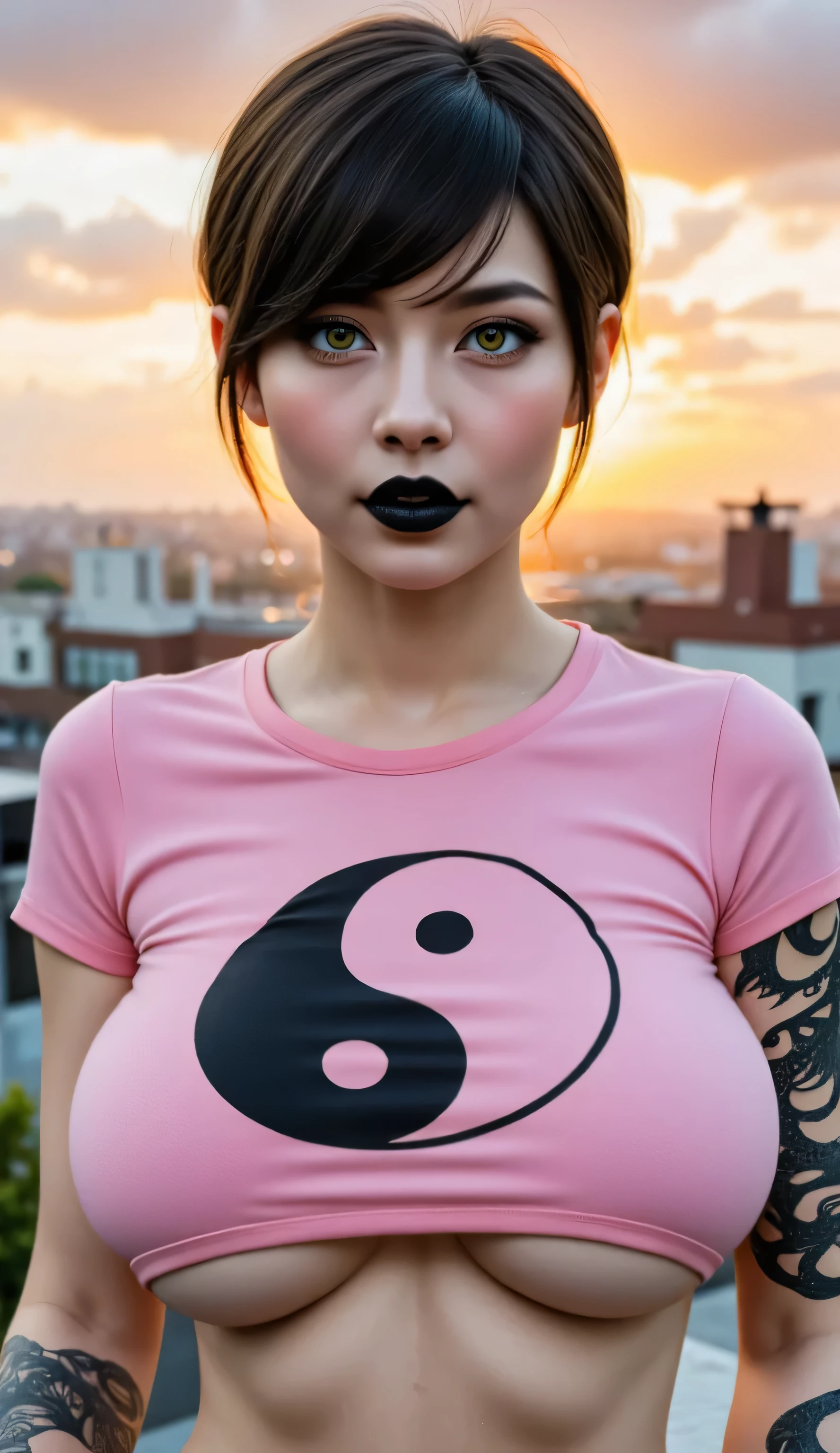 ((realism, photorealistic, life-like photograph)), 19year female, muscular and athletic, ((worn pink t-shirt with a yinyan symbol painted on, underboob, green eyes, short glossblack hair, abdominal muscles, ((she has a black dragon on her arm, she's wearing denim bluejeans, blackout eyeshadow, goth)), her lips are painted black and slightly parted, she has pale albino white skin)), metal reflections, upper body, outdoors, rooftop, far away city skyline, sunset, professional photograph of a stunning woman, (film grain, bokeh)
