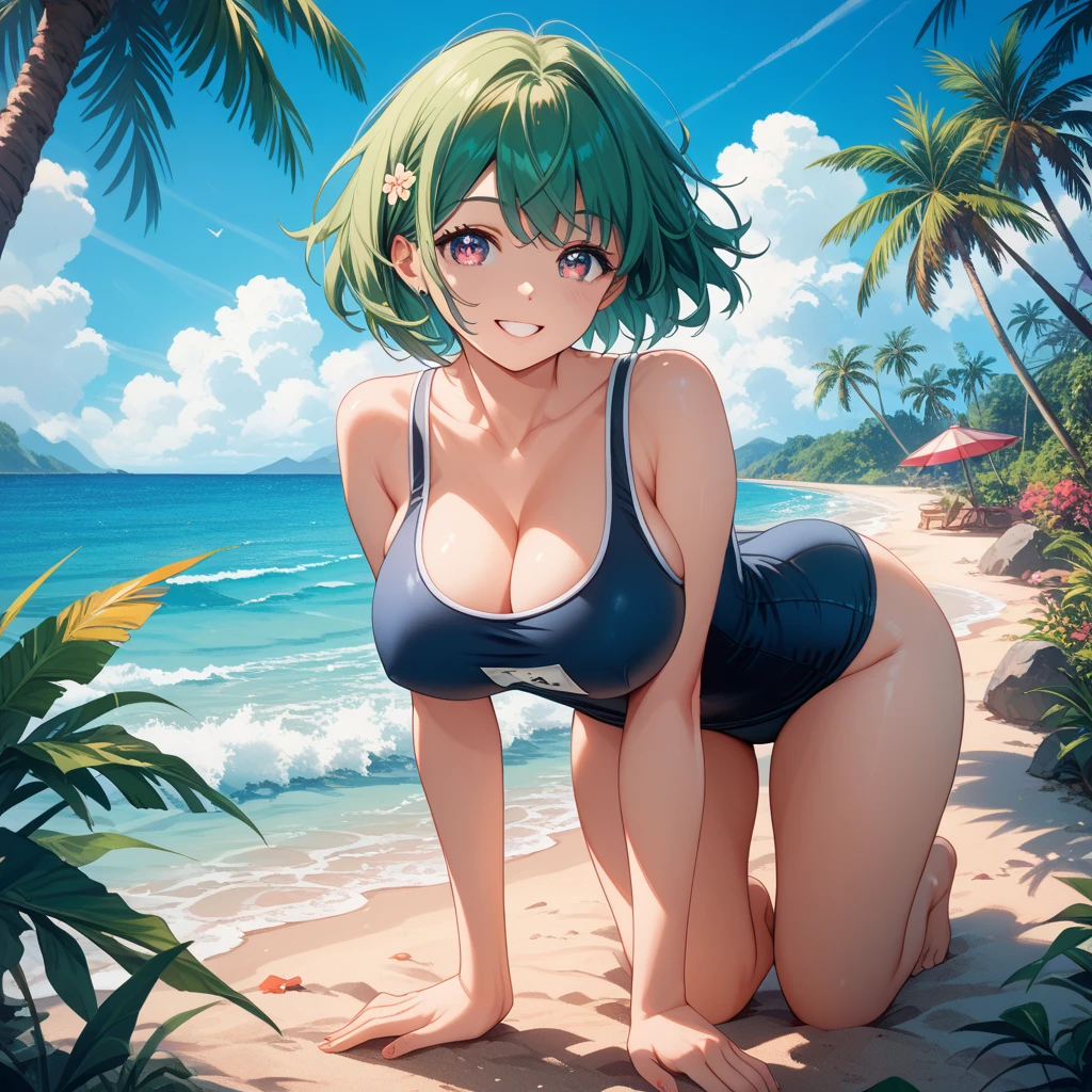 1girl, Tatsumaki, short hair, green hair, expressive eyes, medium breasts, blush, masterpiece, best quality, ultra-detailed, 4k, ray tracing, perfect lighting, (pink cheeks), seductive, sexy face, sexy, thick thighs, thighs, hot, sexy, naked, nude, sexy body, natural skin texture, nsfw, showing her boobs, open legs, no panties, perfect anatomy, detailed image, perfect pussy, open pussy, thinner waist, wide hips, thick thighs, delicate eyes, detailed eyes, better lighting, viewer look, erotica, blue sky, clouds.