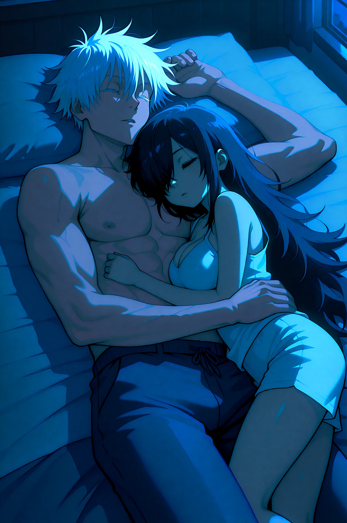 anime style depiction of a dark tan skinned girl clad in a bikini top and skirt, snuggled closely with a white handsome boy wearing a t-shirt, boy comforting girl's tummy, while sleeping in bed
