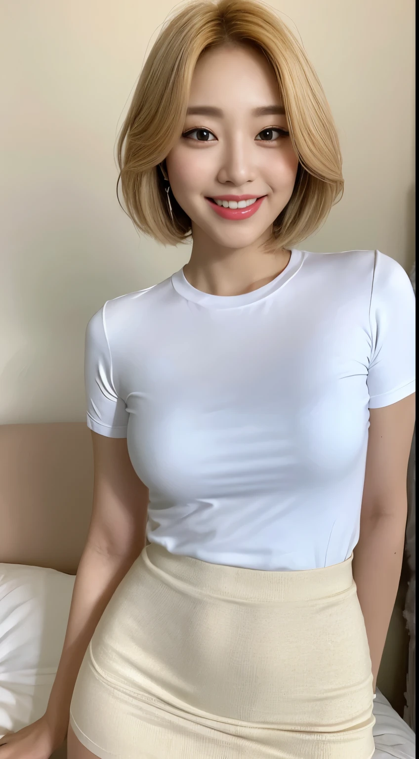 White tight shirt、White tight mini skirt、bed、smile、Short sleeve、high resolution、Korean idol face、double eyelid、short hair、White teeth、Blonde
