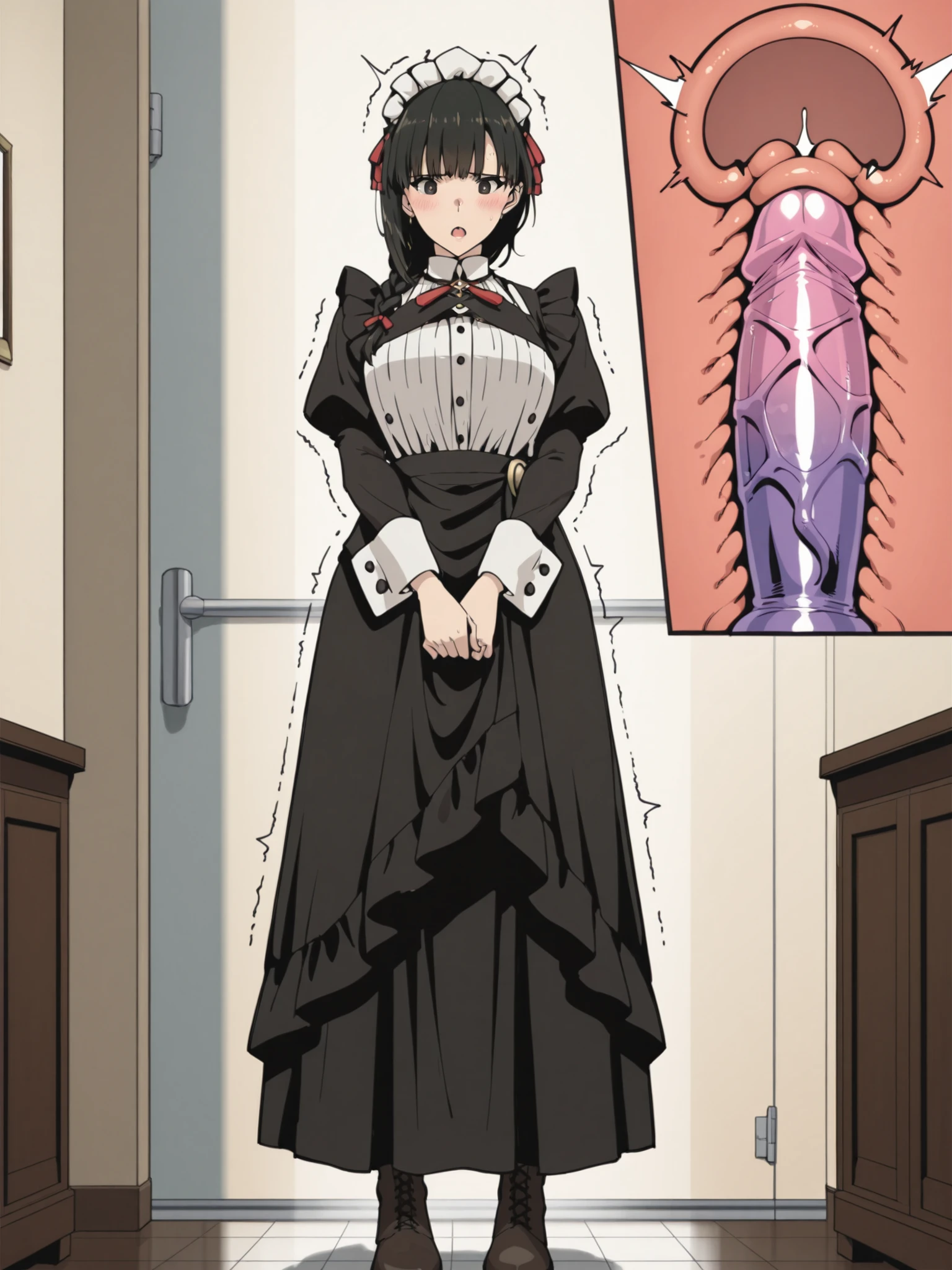 Yokotani Yuki of the anime Kimi wa Meido-sama 、cool women、 The skin and private parts are hidden, making it erotic 、X-rays of the vaginal wall, uterus, and vaginal dildos can be seen penetrating the area around the abdomen、Can be seen through X-rays、Dildos are not visible other than cross-sectional views、dildos stimulate portios in the uterine opening、hide that you are inserting a dildos so people around you don't notice、Lift dildos with strong vaginal pressure、Big pink dildos、the folds of the vagina swell erotically like a living thing、thick, long skirt, long sleeve, black based maid clothes、an erotic expression that endures pleasure, puts up with them, and distorts、black hair、The hair is shoulder length、brown and black maid boots、Half of the uterus already contains semen、Trembling legs and hips、stand、Skirts can't be rolled up、hand that slowly stimulates the portio is holding down the area around the navel、Follow the indicated color、shows the whole body