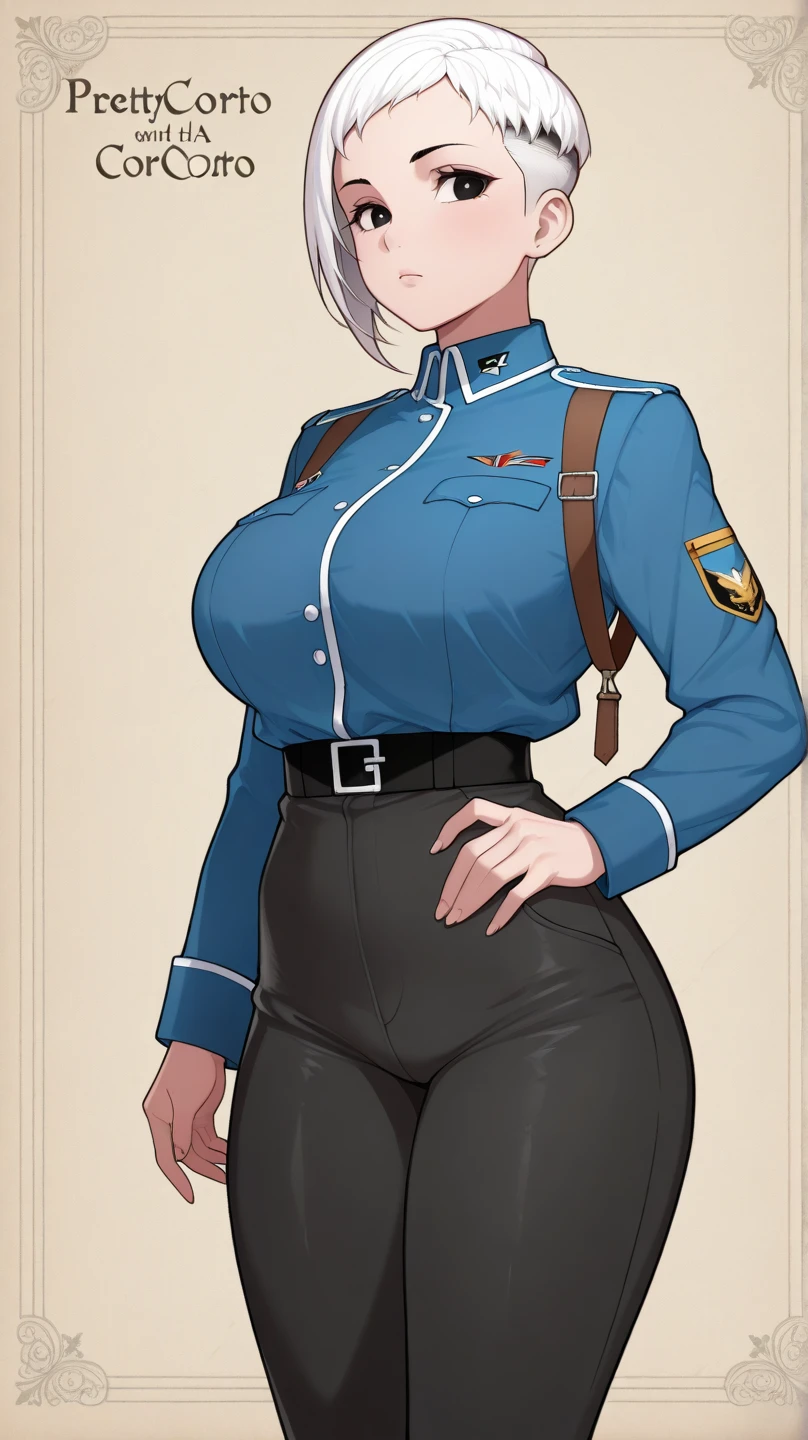 masterpiece, best quality, 1girl, solo, large breasts, (big breast implants, fake , unaligned breasts, perfectly round breasts, extremely firm round breasts implants), SFW, military uniform, standing at attention, holding a rifle, looking at viewer,