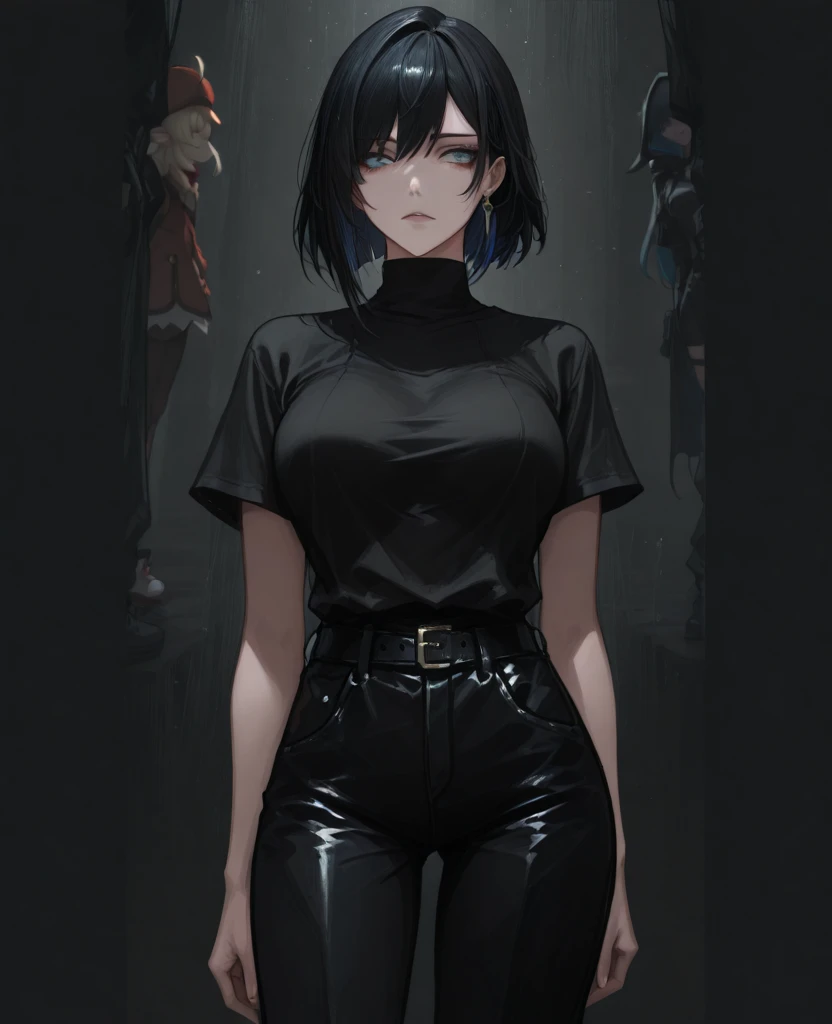 possessed woman, (dark theme:1.5) sitting, back view, looking back, short straight black hair, wearing kimono, long stockings, bang covering one eye, excited blue eyes, naughty smile, dark atmosphere, suggestive (best quality:1.2), (absurdres:1.2), (detailed background)