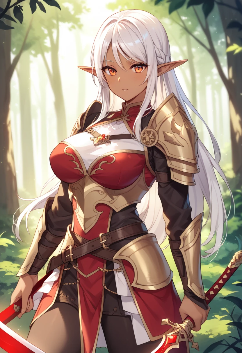 score_9, score_8_up, score_7_up, 1girl, pointy ears, breasts, long hair, solo, elf, gloves, portrait, cowboy shot, standing, cleavage, armor, white hair, elbow gloves, black gloves, looking at viewer, boots, circlet, medium breasts, very long hair, wariza, cleavage cutout, clothing cutout <lora:Smooth Anime 2 Style SDXL_LoRA_Pony Diffusion V6 XL:1>