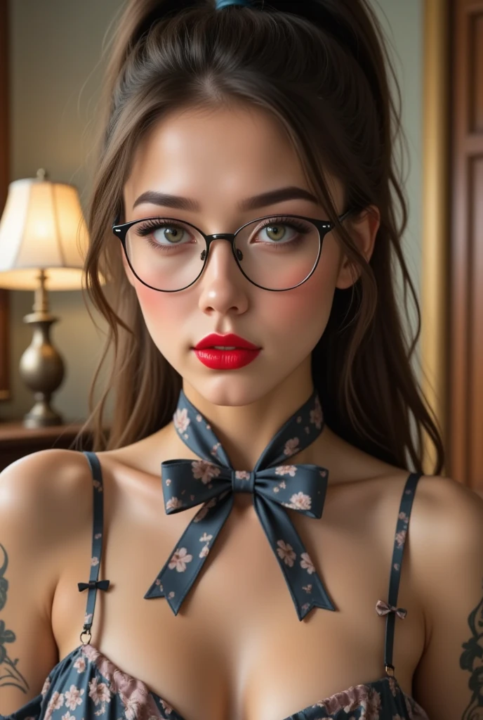absurdres, RAW photo, highest quality, (masterpiece: 1.3), high detail RAW color photo, professional photo, extremely detailed CG 8k wallpaper unit, photo-realistic, realistic, RAW photo, masterpiece, best quality, highres, illustration,
1girl, 22 YEARS OLD, short, white, brown hair, Average length, thin legs, perfect gorgeous face, bright red lipstick, beautiful realistic eyes, round metal glasses, pale skin, detailed skin texture, natural large breasts. Smile. She looks amazing. On the bed showing her ass. Gothic style.
(Lingerie. simple design), Luxurious room.