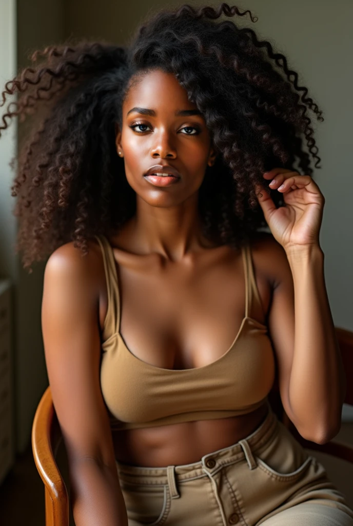 1 , dark skin color, curly hair, Women'Gym clothes, photo in front of the gym mirror
