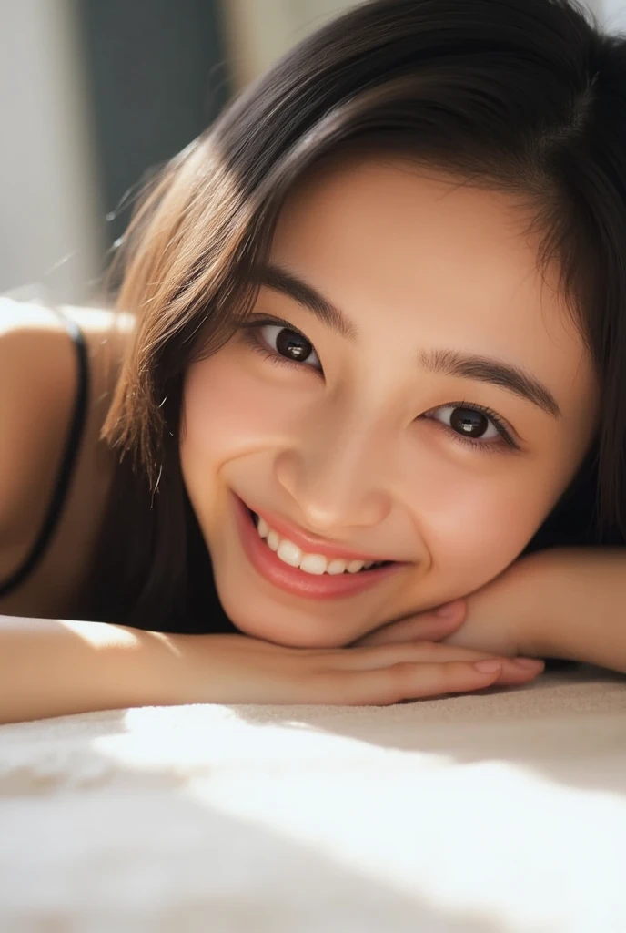 (((smile、Focus on the eyes:1.1、Extremely detailed:1.22、Ultra-high resolution、masterpiece:1.45、Highest quality)))、((((Whole body expression:1.68、camisole、Leaning forward、One person))))、long, straight black hair、So that every single hair is clearly visible、The subtle color changes of hair depending on how the light hits it、 Skin has a natural glow、Fine skin texture、Representing the fine details of pores:1.25、Details of the light redness on the forehead and cheeks、(((Eyes with fine iris details、The eyes depict color gradations and patterns.、Long, natural-looking eyelashes, each and every one visible、Well-groomed eyebrows、眉毛のindivual々The hair is clearly visible、Light reflecting off into the eye、The light in the eyes creates small highlights)))、The nose is delicate、Fine detail on the nostrils、Lips are plump and naturally pink、Depicts the fine lines and soft curves of the lips、lips are shiny and、The gloss on your lips accentuates their shape.、(((Detailed depiction of lip texture、Particular attention to the depiction of light and shadow、Soft natural light gently illuminates the face from the front、A faint glow on the forehead、A slight shine on the nose、A slight glow on the cheeks、Shadows are cast softly along the contours of the face、Accentuate the sides of your cheekbones、Accentuate the sides of the jawline、Emphasize the sides of the nose、The gloss on her lips reflects the light faintly、Lips emphasize the plump texture、The shadow of the hair gives depth and dimension、indivual々The hair shines in the light、