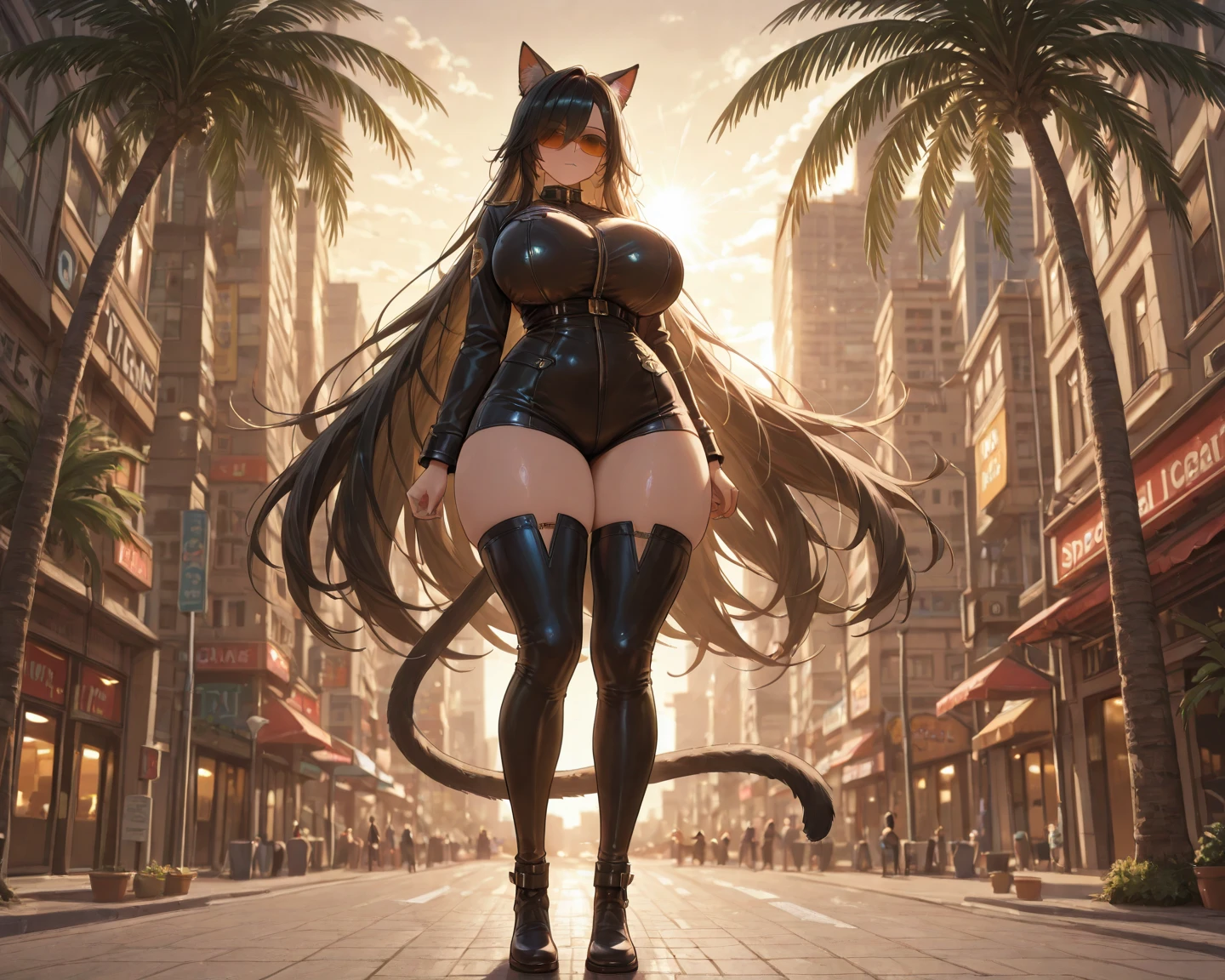 (masterpiece:1.3, Highest quality, Ultra-high resolution, Very detailed), (Realistic:1.1, photoRealistic:1.4), Beautiful illustrations, Perfect lighting,Written boundary depth, Beautiful detailsまでこだわった髪, Beautifully detailed face, Beautiful details, Beautiful clavicle, Beautiful body, Beautiful and juicy breasts, Beautiful thighs, Beautiful feet, View your viewers, 1 Girl,Perfect Face, (Perfect Anatomy, Anatomically correct), Cute and symmetrical face、、((Shiny long hair)),(Beautiful views),(Outdoor, Blurry cityscape),(かわいいsmile, smile)、Sexy Body、(masterpiece),(Highest quality：1.3),8K,Very clear,(Ultra-realistic), One Girl,Wide Shot,((Large Breasts)),Wide Hips,Beautiful feet, Captivating woman,Sexy Girl(masterpiece、Highest quality、Very detailedな)、((One Girl))、((Black Hair))、((short hair))、((black eye))、((非常にLarge Breasts))、((Cat ear))、((Cat Costume))、((Cat&#39;s Tail))、((Big Hips))、Cowboy Shot、((夜のBlurry cityscape))