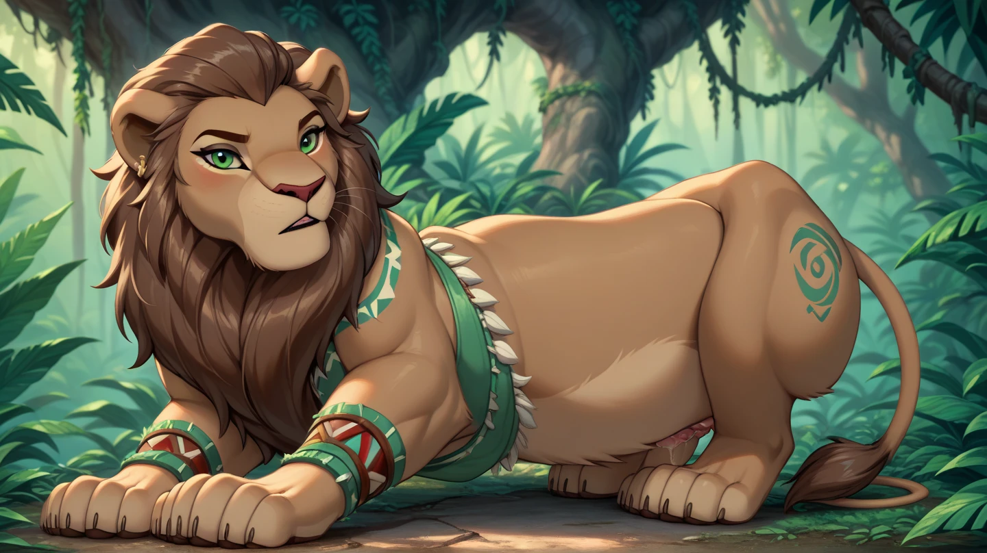 ultra-detailed, masterpiece, masterwork, high quality, best quality, hdr, (nature), nsfw, male, solo, lion, ((nude)), (little body lion), (long silver hair, yellow eyes), sitting, dynamic angle, (foreskin, perfect balls)