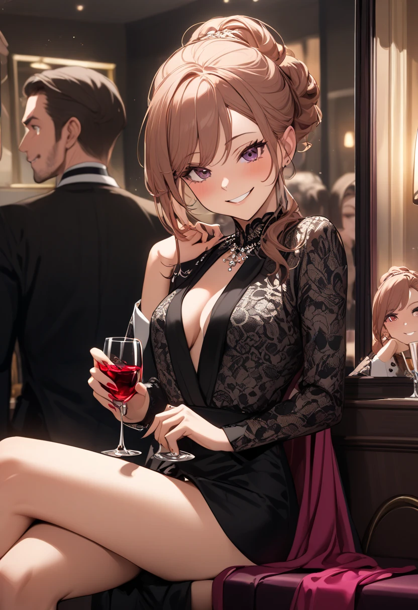 nobara kugisaki, elegant and sexy dress,theatre vip seat,vip seat ,theatre, elegant looking,sitting on chair, glass table,drinking red wine,sexy, crossed legs,white heels, large breasts ,ftont look, mocking smile,seductive face,red nails ,messy hair, pleasure face,smiling, detailed face, detailed eyes, wine in hand,looking at teathre performance