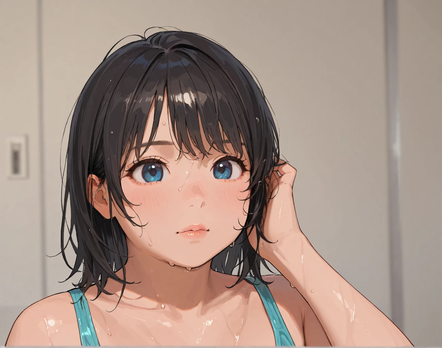 Anime Nose, anime eye, Anime Mouth,Bikini pants,topless,Looking away,locker room,Place your hands behind your head,Wet Skin, wet hair,torso, green_eye,{{{{{Avert your eyes}}}}},{{Browsing Caution}}, {{{{{from the front}}}},Mouth closed, lovelive!, {{{Anime Mouth}}},{{{{{Upper Body}}}}},{{{{{Portraiture}}}}}, {{{{{Laughter}}}}}, {{{{{Small breasts}}}}},Panty shot, (masterpiece, Highest quality:1.2),shape,8k,High resolution,One Girl,alone,black_hair,short_ponytail, Side Lock,low_ponytail,smile,black_eye,