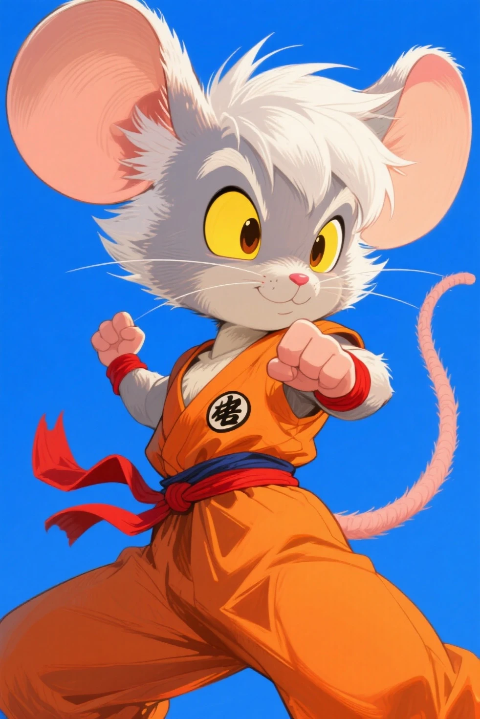 A muscular anthropomorphic mouse, with white fur and red eyes, with a fierce and determined expression. He is standing, wearing blue athletic shorts. Its tail is orange, standing out against the black background, that puts the character in evidence. The rat has sharp teeth on display, with an imposing posture that displays his defined muscles. A blue symbol or tattoo is visible on one of the arms, reinforcing your identity. The image is stylized in cartoon style, focusing on sharp contours and vibrant colors, creating a dynamic and expressive look.