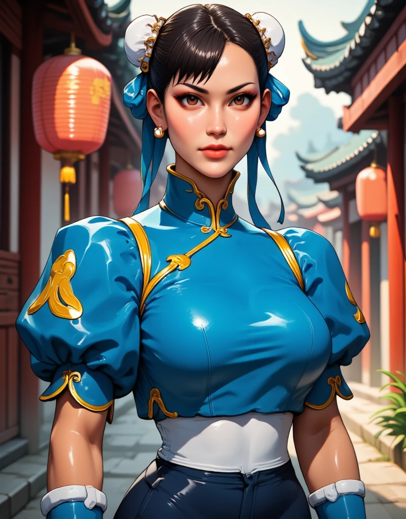 Scarlett Johansson, as Chun-Li, stands with fierce determination in a vibrant blue qipao, her hair styled in twin buns adorned with white ribbons. Her muscular legs, a testament to relentless training, are ready to unleash a storm of kicks. Her eyes, sharp and focused, reflect both the strength of a warrior and the empathy of someone who has faced many battles. The spiked bracelets on her wrists glint in the light, capturing her readiness for the fight ahead. She embodies the spirit of Chun-Li—graceful yet powerful, a force of justice with a deep sense of purpose etched across her resolute expression.
