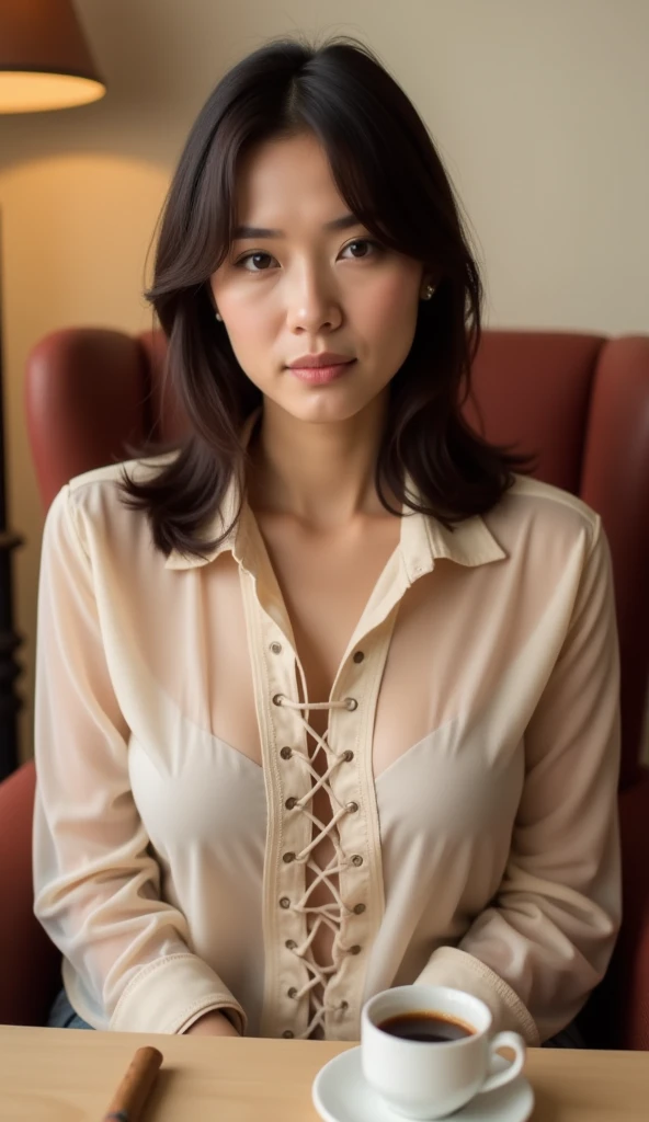 RAW Photos、Highest quality、Very detailed、masterpiece、Hyper Detail、Frontal bust shot、Female 1 person、28 year old housewife、Dynamic Angle、Light brown side swept hair、Silk T-shirt、Beige wide pants、Thin belt、Cinema Lighting、Lens flare、Glossy red lipstick、Small breasts、