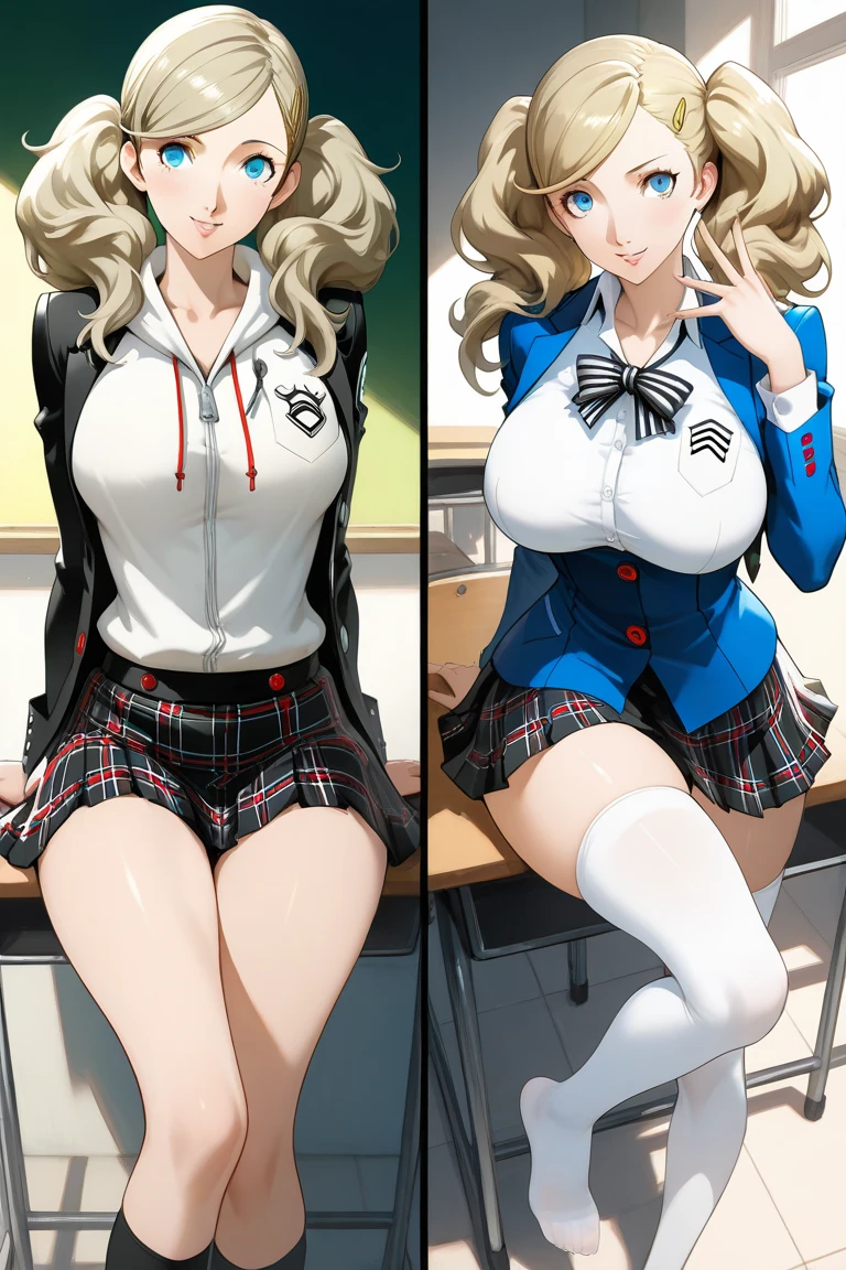 1girl, mount lady, boku no hero academia \\\\\ masterpiece, best quality, very aesthetic, absurdres, newest \\\\\\ sportive body, \\\\\\ by dodok, nyantcha, cutesexyrobutts, by khyle ///// blonde, purple eyes, (school uniform:1.2), skirt, , 24 years old, white background,tie,sit, big tits