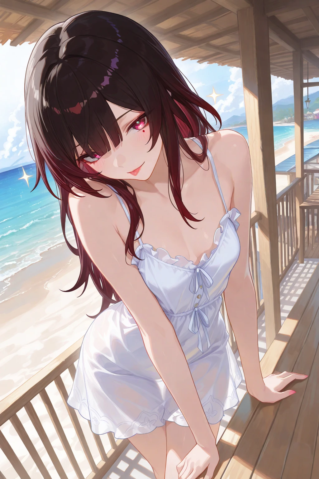 (masterpiece), (best quality), (ultra-detailed),(best shadow:0.7), (best illustration), (an extremely delicate and beautiful), photorealistic, finely detail, 1girl, 8620, (on bed), bedroom window, blue sky, white cloud, sunlight, diffraction spikes, ((wariza)), on bed, camisole, braid over shoulder, finely detailed iris, smile, hand on own chest,