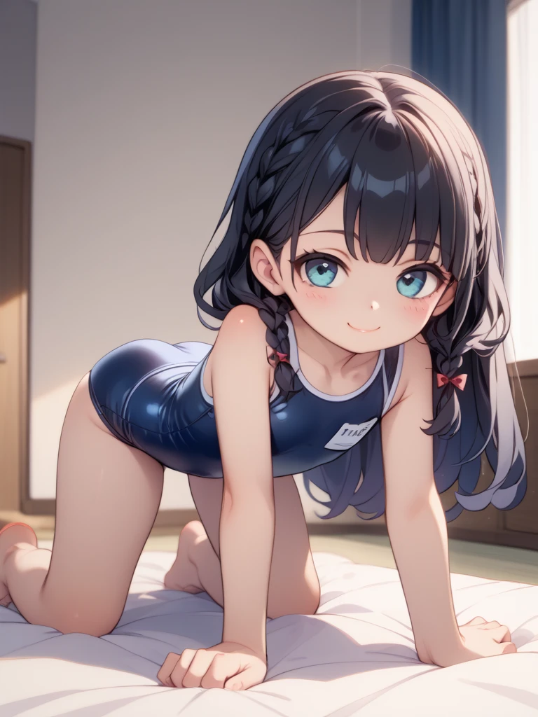 (((((whole body)))))、Youmu,Navy blue one-piece school swimsuit 、smile,、Cowboy Shot、Sitting on a futon、With legs apart、