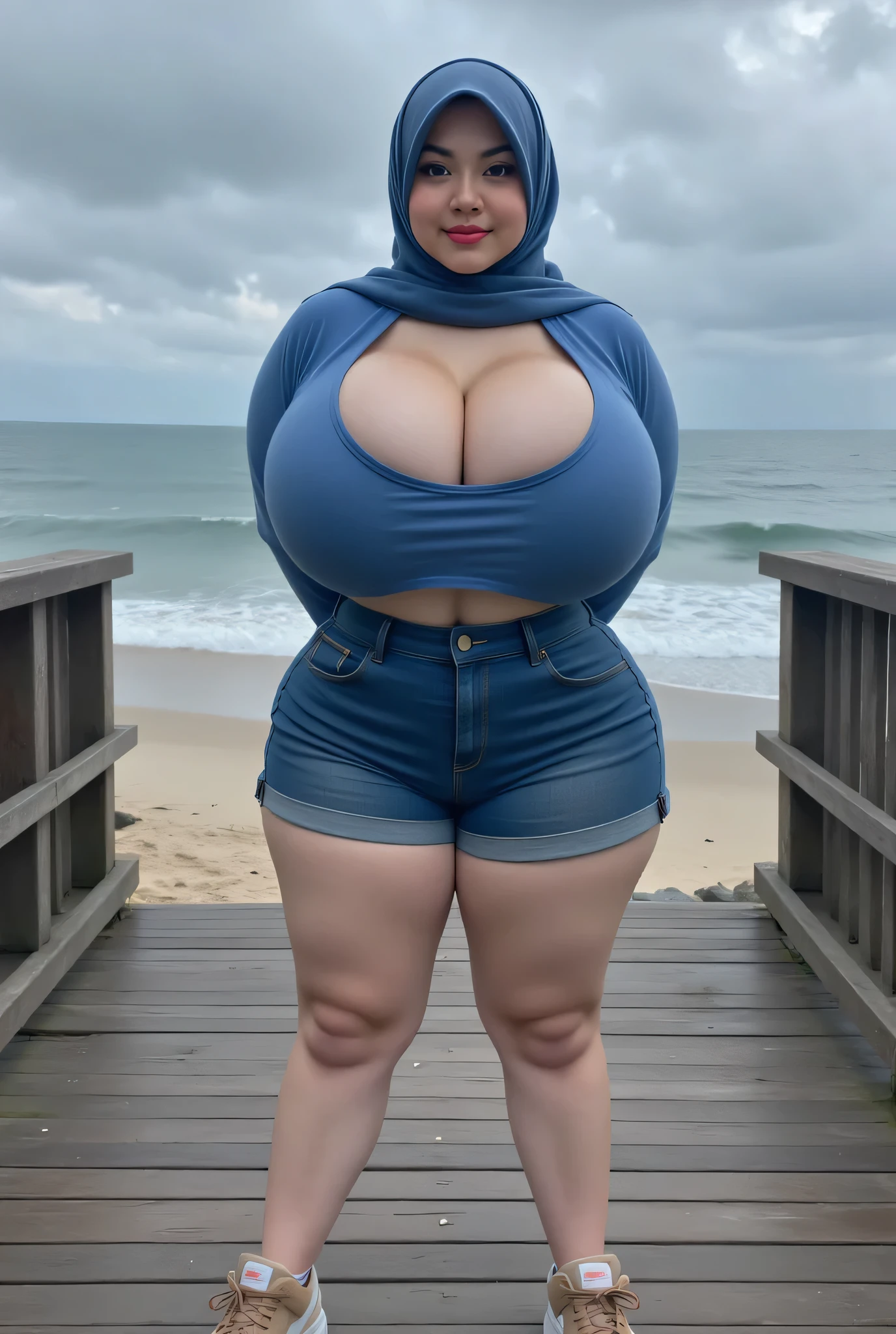 (8k, best quality, masterpiece:1.2), (realistic, photo-realistic:1.37), ultra-detailed, 1 girl,cute, solo, ,beautiful detailed blue eyes, medium wavy hair, on a beach, smiling, looking at viewer, ,light blue hair, full body view, , whole body shot, , , thick thighs, big breasts,, , , chubby, inflated belly, naked,feet, venom, symbiote covering, sundress