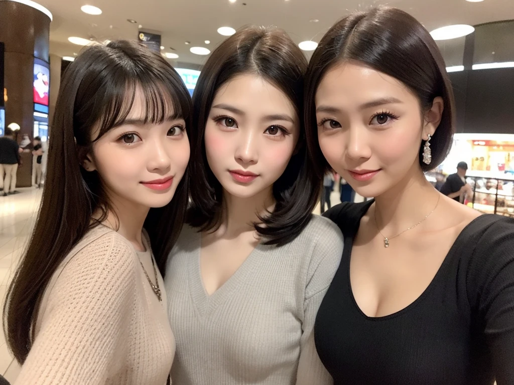 Tabletop)), ((highest quality)), (Very detailed), Genuineistic, Genuine, Dynamic Angle, Close-up shot of face,Front view, Young and pretty girl in Japan ,city, town, Daytime, autumn, Charming person ,Long Bob Hair ,Three Girls, With 3 people, naked