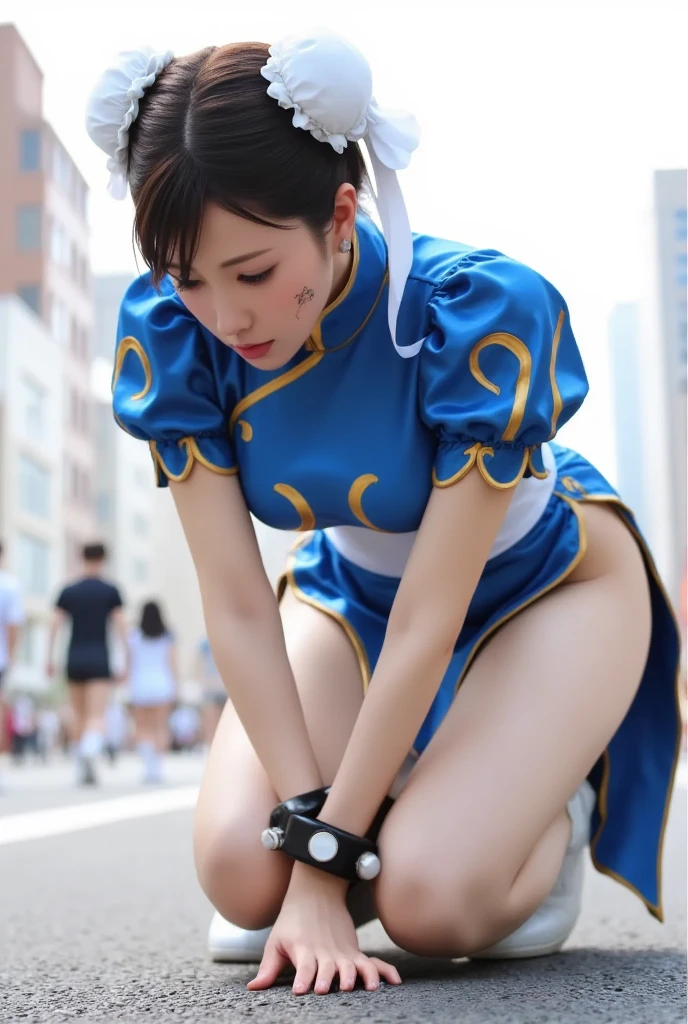 lifelike picture、Realistic garden background with many flowers、japanese young girl、16yearsold、Brown-haired、Girls 1 Full Body、small breasts of rounded shape,、、Perfect Body、Beautiful body lines、Japan Cosplayers、Extraordinary、Happy expression、(Sweaty skin all over)、((Wearing a cosplay costume with very revealing skin))、Random Poses、street fighter、ChunLi、Chun-li、chinese clothes、qipao、Chinese clothing、blue clothing、panthyhose、pelvis curtain、spikes、Cosplay hobby、(no-bra)、(No panties)、Exposure disorder、nuda、 Female nudity、Uncensored、Real human breasts、Small nipple rings、mekosji、female pubic-hair、Small buttocks、Sheer visible breasts、Small nipple rings、mekosji、female pubic-hair、Small buttocks、((Small nipple ring at the tip of the chest protruding from the cosplay costume))、((The shape of the mekosuji clearly visible in the crotch protruding from the cosplay costume))、Female pubic hair in the crotch protruding from the cosplay costume、、((Angle of view with the viewer looking up at the girl from below))