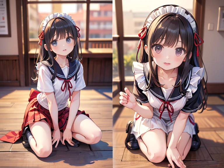 Adorable, (Sailor Suit), japanaese girl, in a school, knees up, Show me your beige panties, Low contrast, (Smile:0.8), very detailed face and eyes, Best Quality, 超A high resolution, photographrealistic, ultra-detailliert, 8K, Raw photo