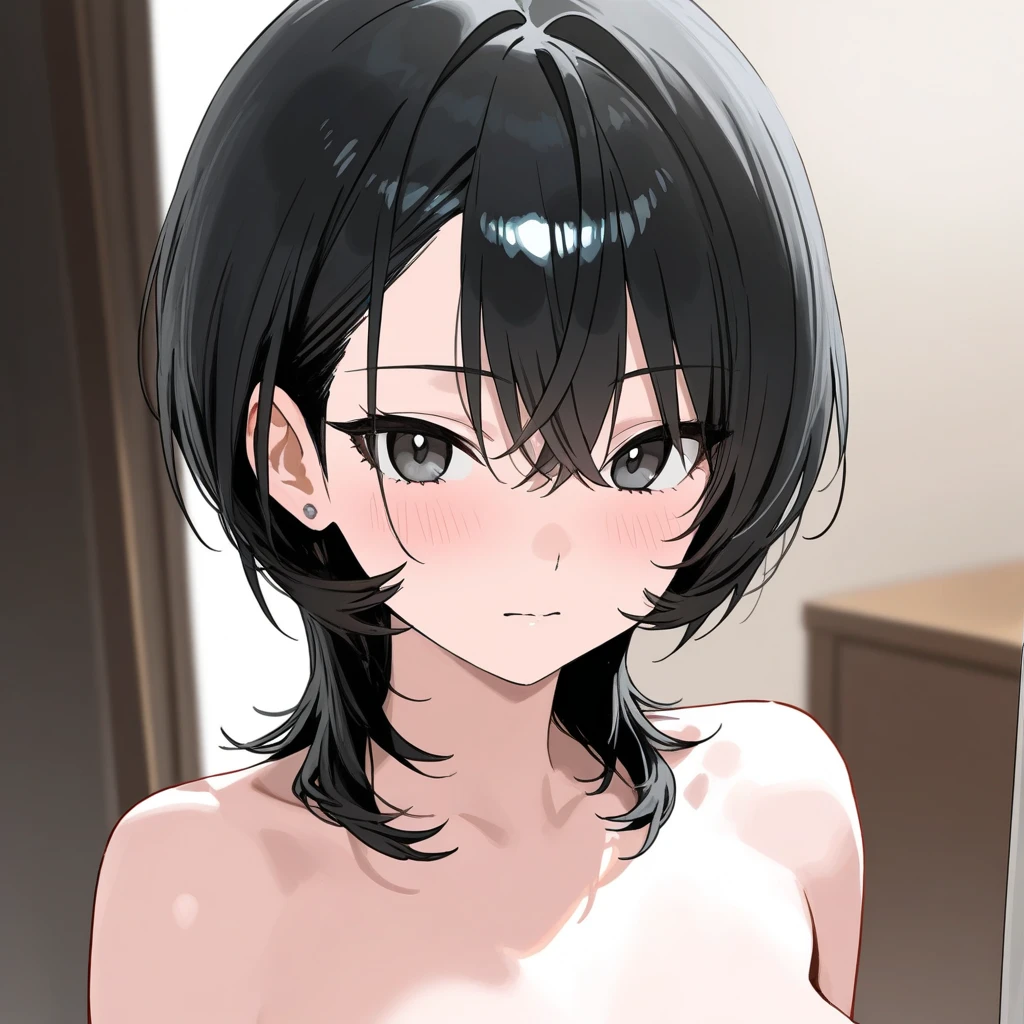 bust: 80 cm、Waist: 56cm、Hip: 83cm high school girl fighter。Short black hair。Muscular。Six Pack Abs。docile character。Naked in front of the mirror。I have a complex about my small breasts。