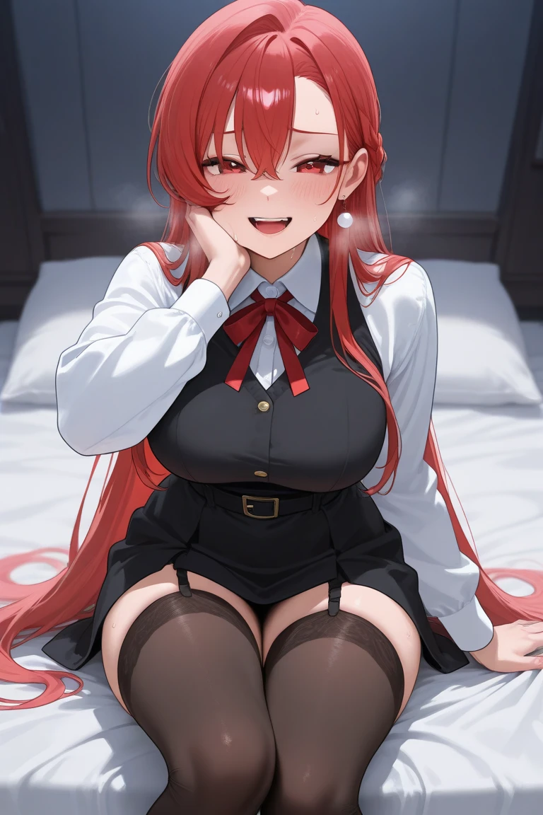 ((masterpiece, best quality)),8k,indoor ,1yae miko,mouth_hold,(white shirt:1.2) ,looking at viewer,slim waist,black bra, use pantyhose