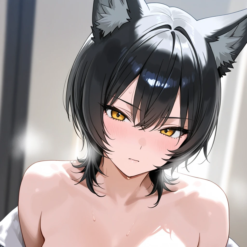 naked, medium breasts, nipple, armpits, long black hair, cat girl, cat ears, cat tail