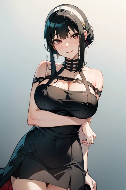 masterpiece, Highest quality, High resolution, Official Art, Anime Face, Yolfoger, Red off-the-shoulder ribbed knit sweater, blush, (Large Breasts, Big Breasts:1.5, 質量のあるBig Breasts:1.5), Black Hair, , (unrealistic:0.35、 ), blush, smile, Slut, White headband
