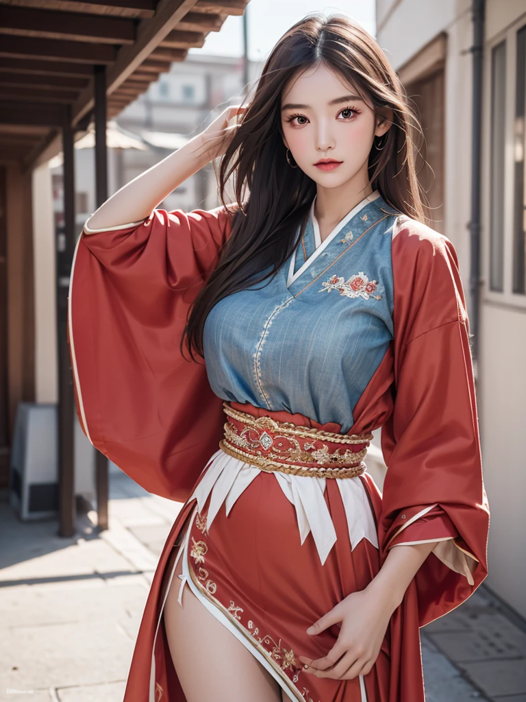 8k, Masterpiece Best Quality, Women, Man, (Gentle Shape), perfect face, hanfu dress, sexy, fascinating, thin fabric chinese dress, tower, red lantern tower,