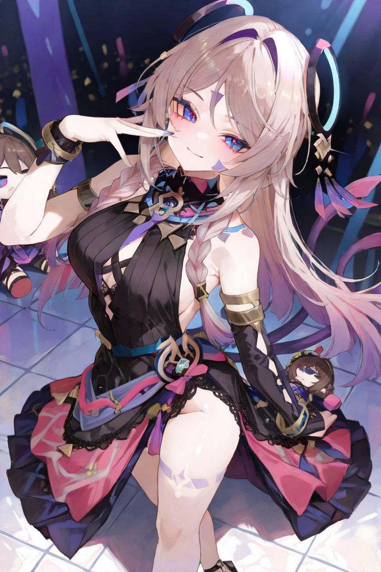 masterpiece, best quality, highres, 1girl twintails twin braids hair ornament demon horns crown china very short drees, smile, open legs, very sexy, random angle, firm breasts, uncensored view, nsfw