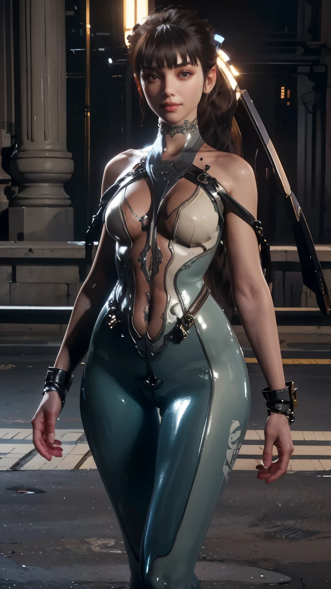 Beautiful young woman with long brown hair, eve  ( Starblade ), wearing a tight open-belly t-shirt and latex leggings, flaunting her perfect hourglass figure, thin waist,  sexy curves , is a beautiful smile, 8 k, overdetailed, realistic, photorealistic, masterpiece, bright colors, studio lighting equipment, physically based rendering