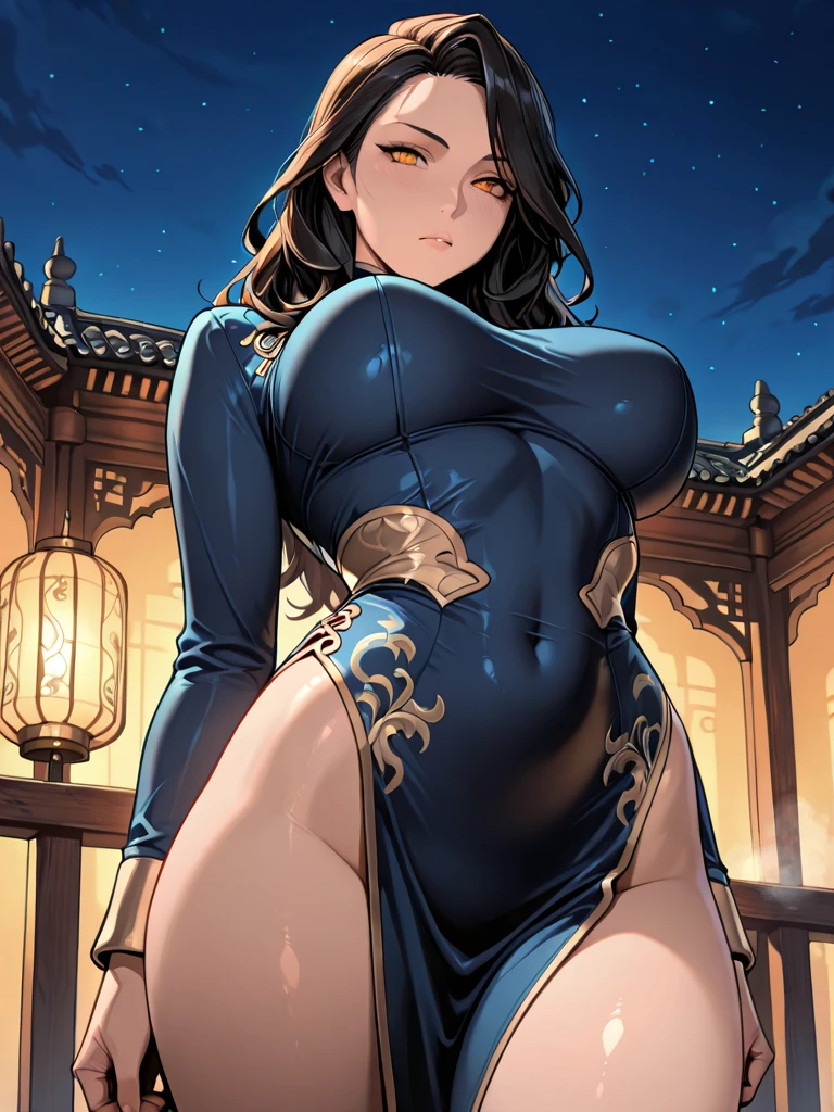 (Realistic:1.3), (masterpiece:1.2), (photoRealistic:1.2), (highest quality), (Detailed skin:1.3), (Intricate details), 1 woman, 21 years old, Detailed skin texture, (blush:0.6), Scattered beneath the surface, (smile), mouth open 
Black Hair, (Straight Hair), Medium Long Hair, Calm hair, bangs, Hair between the eyes, Hair volume is low, 
Depict from head to thighs, from below, in the room, 
Slim legs, Two arms, Five fingers, Two joints in the fingers, 
Sparkling blue eyes, Lens Eye, Light reflection in the eyes, highlight in her eyes, Symmetrical eyes, 
((China Dress)), Knee-length clothes, Side slits, No sleeve, socks, ((g-strings panty)), thong, open dhest dress
((vagina)), (big boobs), 