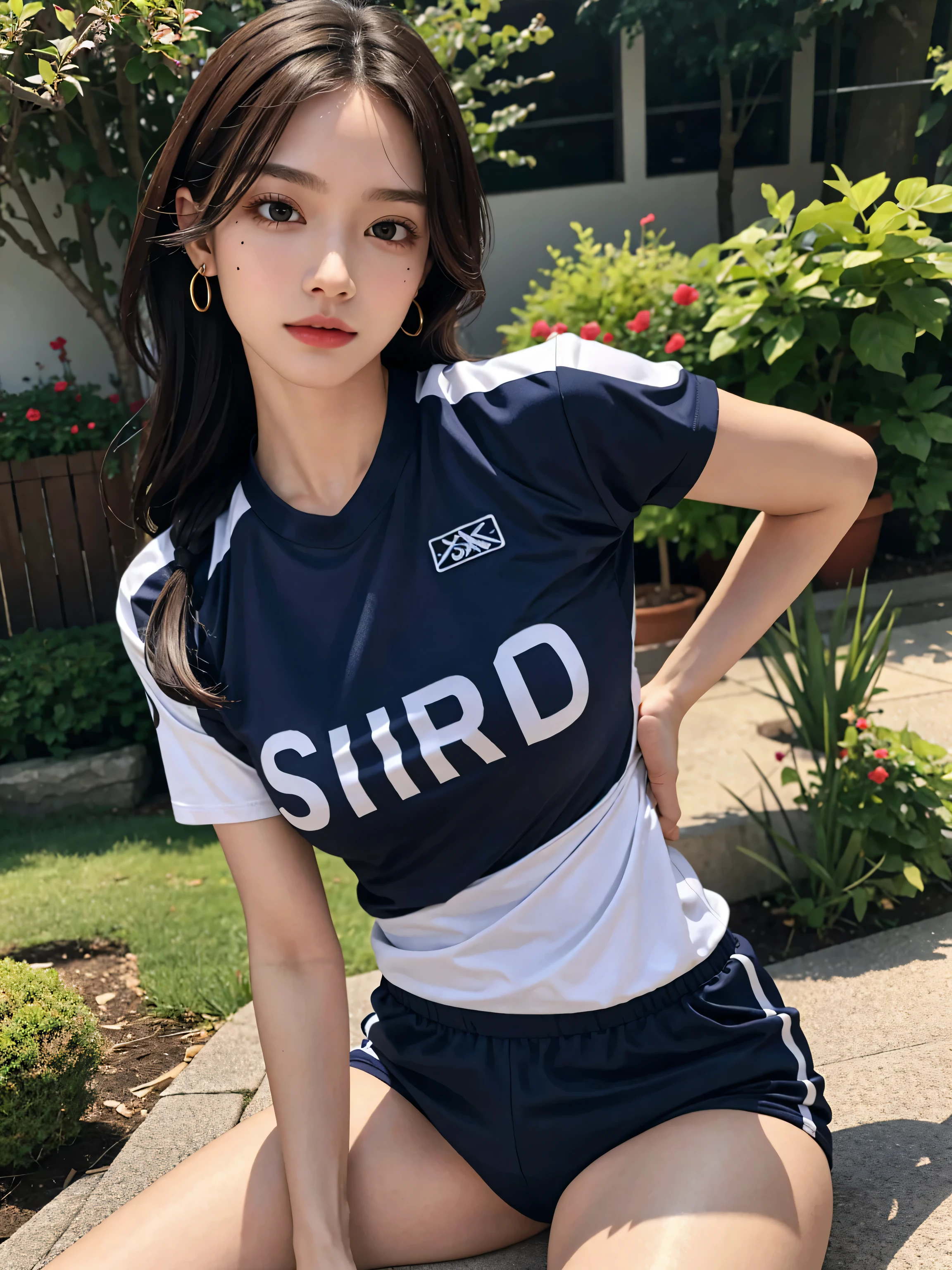hightquality、masterpiece、ultra res、a beauty girl、Beautiful girl face、cute girl face、、School sports ground、Wearing gym clothes、full bodyesbian、Famous actresses of Japan、very beautiful face、A sexy