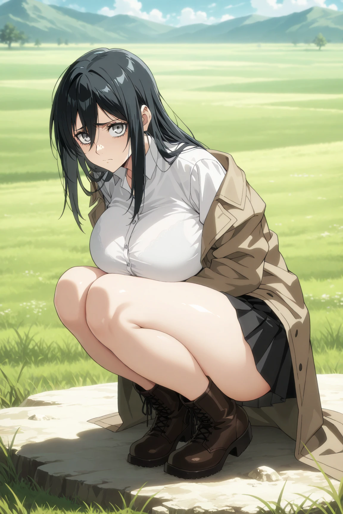 mikasa1, solo, bare legs and feet curled up, whole body, sexy pose, looking at the viewer, shirt and underwear, at the forest