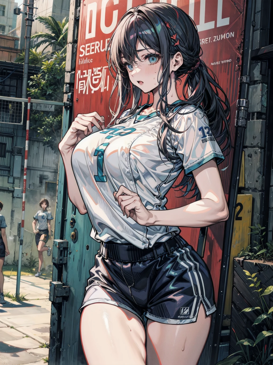 (Superflat, Flat Shading, flat-colors:1.1)、(Magazine Cover)、Illustrations、(One Asian boyish girl)、(cute little:1.2)、very beautiful 20 year old cartoon girl、Great smile、cheeks are reddened、(High Detail Skin: 1.2)、photorealistic anime girl render、realistic anime 3 d style、cute littleボブカット、Twin-tailed、beautiful brown hair、Intense black eyes、Strong highlights of the eyes、((Naked and oiled、accurate big breasts、sport underwear))Perfect Anatomy、hair messy、Pretty underwear、((Tight white tennis uniform with navel、Supple and thin fabric))、((White miniskirt with flared hem))、Sportswear、sneakers、(support)、stadio、Volumetric lighting、Soft light、Vibrant colors、watercolor paiting、