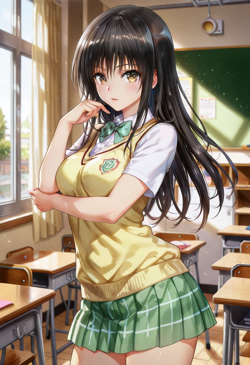 Beautiful illustration、top-quality、 s、Bedroom、A yellow-haired、length hair、(((yellow pleated skirt)))、(((yellow sailor suit)))、shortsleeves、Colossal tits、a navel、Flipping up the skirt with your hands、Show white panties、Pull up your skirt and show your panties、bare-legged、pale blue eyess、on the beds、lovely thighs、glowing thigh、floating hair、wind、skirt lift by myself、naughty face
