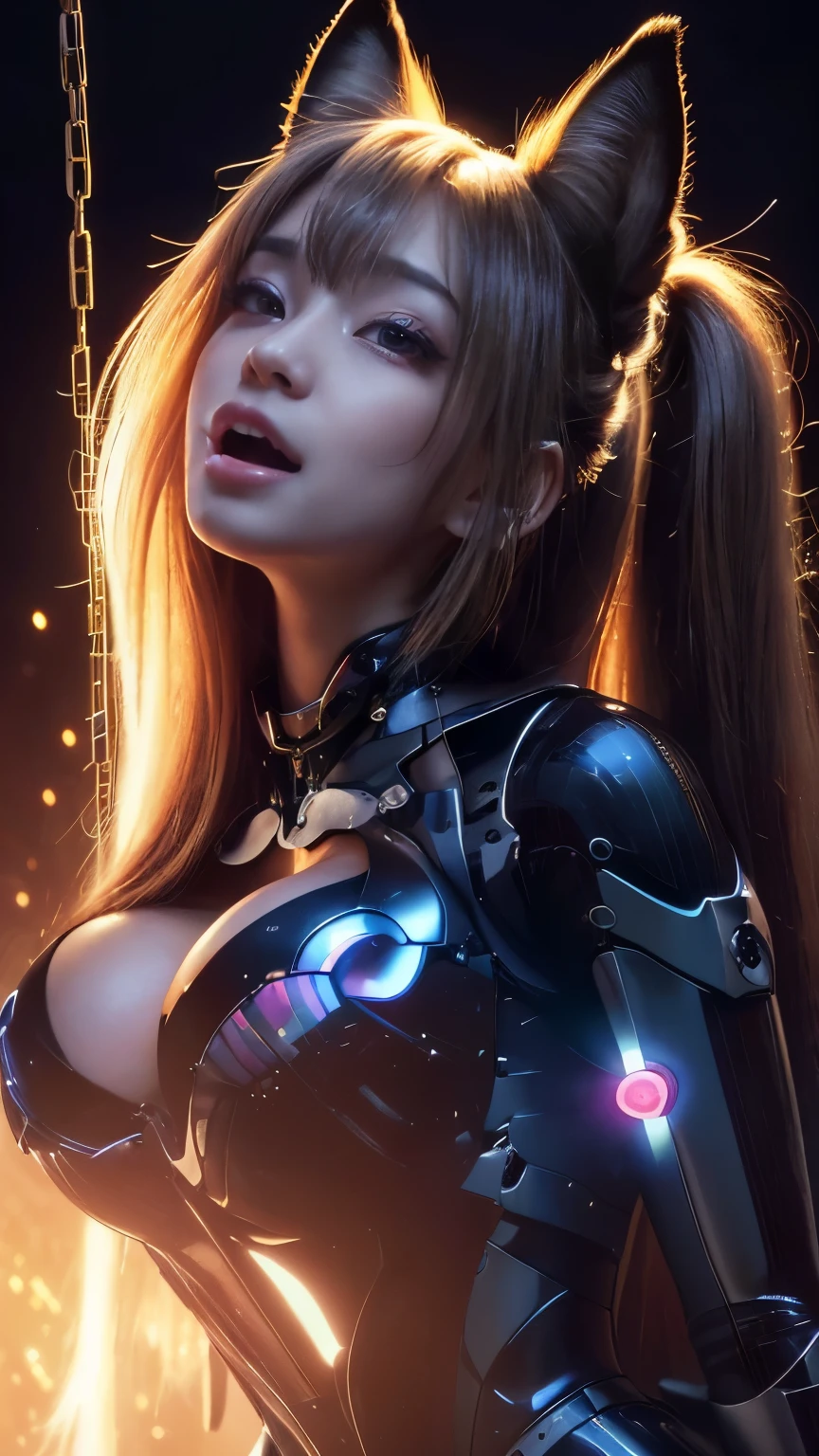 Realistic 8k.Picture only of the upper part,high resolution, Bright glare,1 woman, alone, hips up, half body,(detailed face), blonde hair long hair, Mecha Musume, mechanical parts, robot joint, single mechanical arm, Mechanical radius, Bikini body suit with many neon lights,A white bodysuit has several neon bulbs.,Body armor chest set with 4 large electric bulbs.,With colorful lights There was a bright purple light.(Very bright)Colorful beams of light shoot from the armor.,Light radiated from the armor.,,  city at night