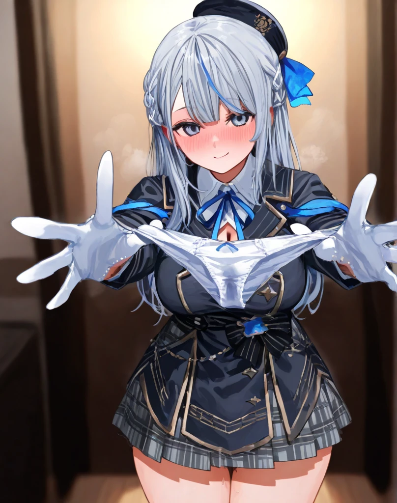 Highest quality, presentingpanties,blue panties, holding,holding panties,Panties with stains,Big Breasts, A seductive smile