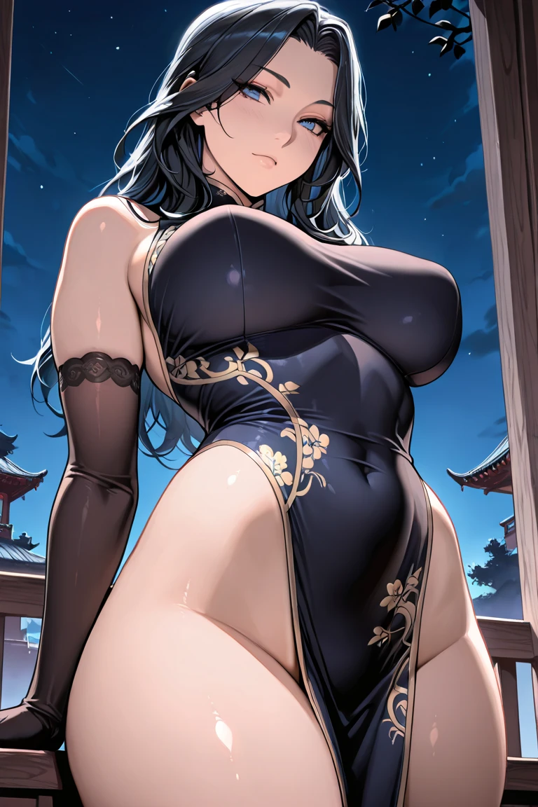 (Masterpiece:1.2, best quality, illustration), mei mei (jujutsu kaisen), long ponytail on face, slight smirk, (black lingerie), sexy attire, glossy face, glossy lips, pale skin colour, white hair, japanese temple background, rear view from below, ((beautiful breasts:1.5)), (exposed clevage), slipping nipples, (highly detailed), (realistic), award-winning, extra details, ((HD, 4K,highres)), (detailed fingers)