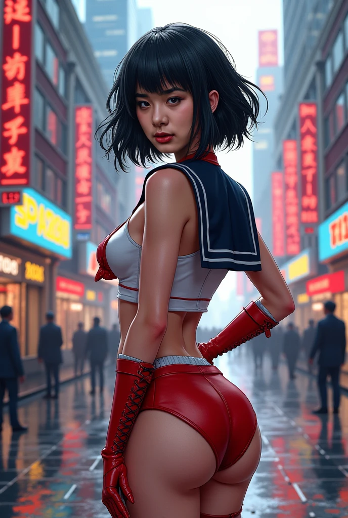 ((Best quality)), ((masterpiece)), (detailed: 1.4), (((back))), ((Perfect ass)), A muscular 35-year-old warrior woman almost naked in the Simon Bisley style for the cover of Heavy Metal magazine, bare thighs, tiny thong, garter belt, (((super short black hair))), clean face, Minimal clothing, red carbon fiber cyberpunk outfit with small blue and white details,  (((red clothing))), (((short-cut))), (((mature woman))), (((full body)), (((tiny red thhong)))