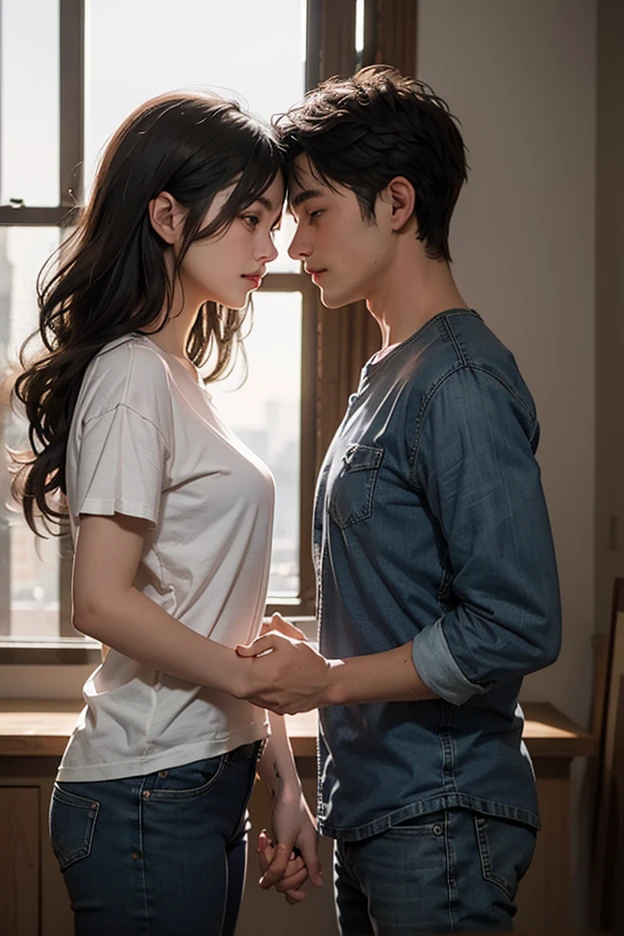 masterpiece,highest quality,Advanced Details,1 male,1 female,((An empty room:1.4))、((Japanese woman with straight medium long hair:1.4)),18-year-old female:1.7、((A woman wearing a white short-sleeved off-the-shoulder shirt and a denim miniskirt:1.4)),Japanese middle-aged 1 male,Black Haired Man,That man is very handsome,((A man hugs a woman's shoulders from behind:1.4)),That woman is short,That man is tall,Reflects the height difference between men and women,The woman is 160cm tall..,The man is 175cm tall.,((Woman with sad expression:1.4))、((They are both standing in an empty room.:1.5))、Women play a leading role、Women are skinny,Small breasted women、