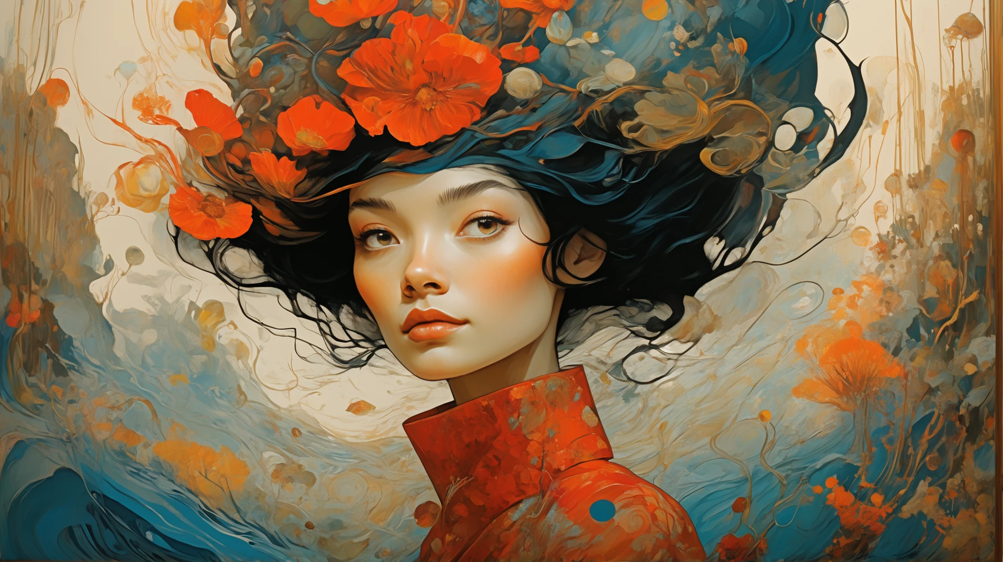 a close up of a painting of a woman with a watch on her head, James Jean e Victo Ngai, victo ngai and tristan eaton, botticelli and victo ngai, inspired , greg tocchini, james jean e wlop, Alphonse Mucha e Craig Mullins, James Jean e Peter Mohrbacher, A captivating psychedelic illustration tapestry frames the image. This work of intricate art presents a mix of abstract forms, organic patterns , and vibrant colors that evoke a sense of mystery and whimsy. Swirling lines and fluid shapes intertwine, that recall natural elements and technical designs. The color palette includes deep blues, laranjas quentes, verdes amortecidos, and touches of red , creating a dynamic and harmonious composition. Surreal elements such as watch dials, engrenagens, and what appear to be cellular structures are mixed with natural motifs, like leaves and streams. The texture suggests a combination of digital and hand-drawn art, dando-lhe um rico, Layered Appearance. The overall mood is that of fantastic, dreamlike journey through a landscape that seems futuristic and timeless, that evoke a sense of exploration and admiration.