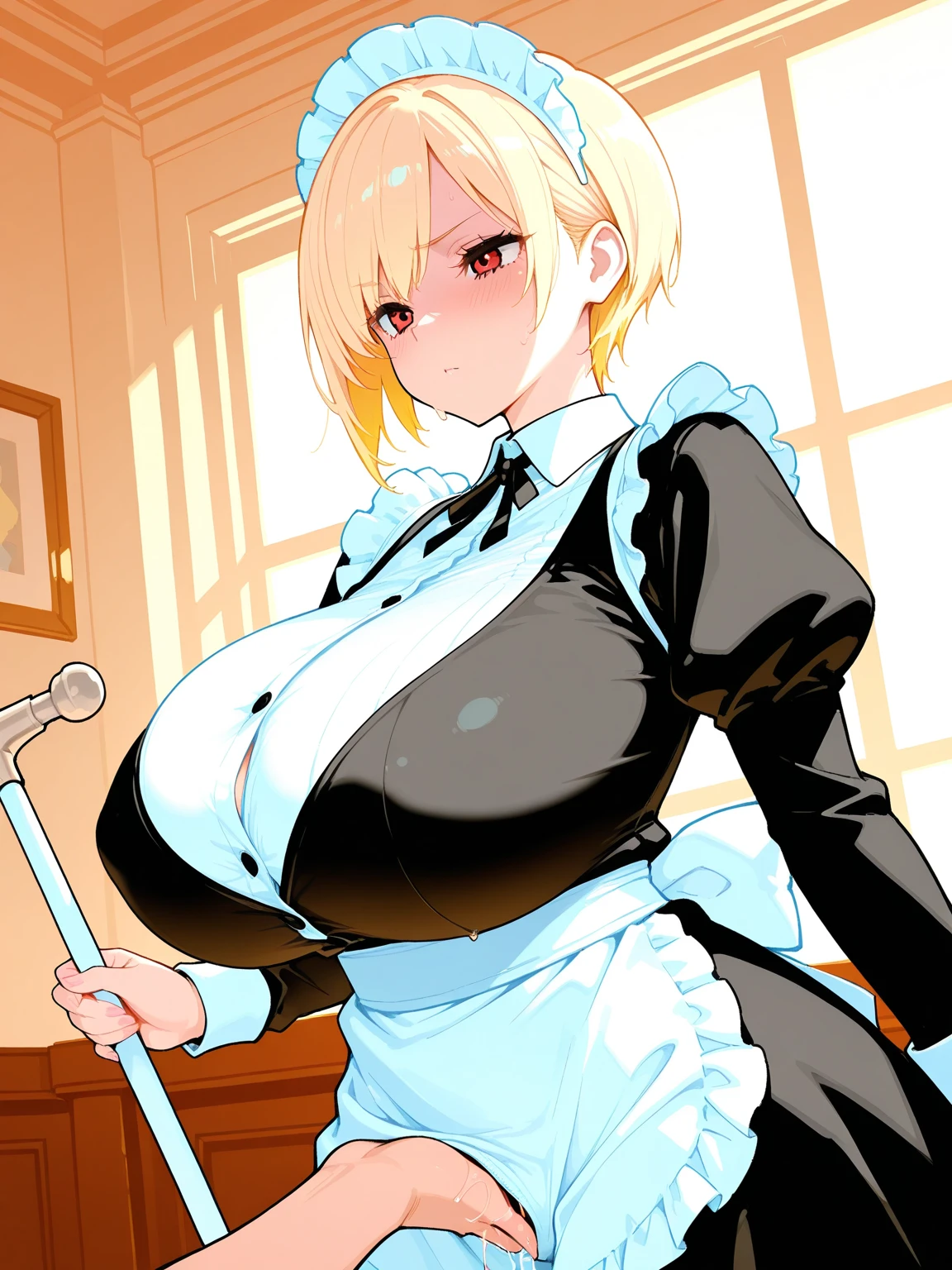 SFW, (maid clothes, keyhole cleavage), (gigantic breasts, huge breasts, Big breast), firm breasts, slim waist, curvy figure, (blonde_hair, (red_eyes, dark_skin), long ponytail)
