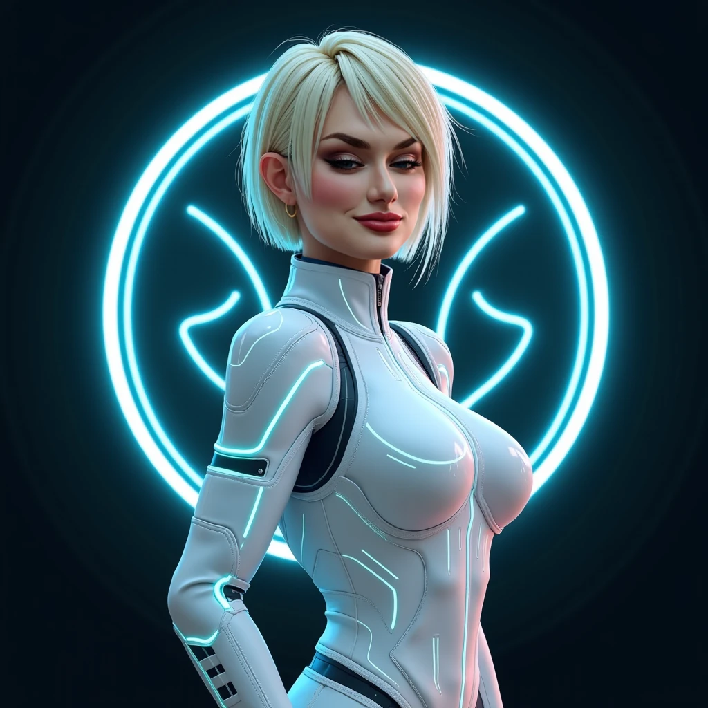 Hyper-realistic digital painting of a fashion model wearing a cutting-edge, futuristic outfit in a sleek, high-tech environment. The outfit features metallic fabrics, LED accents, and geometric shapes, reflecting the innovation of future fashion. The background includes a futuristic cityscape with holographic billboards and advanced architecture. The model's pose is bold and assertive, embodying the forward-thinking nature of the fashion industry. Cinematic composition, trending on ArtStation.