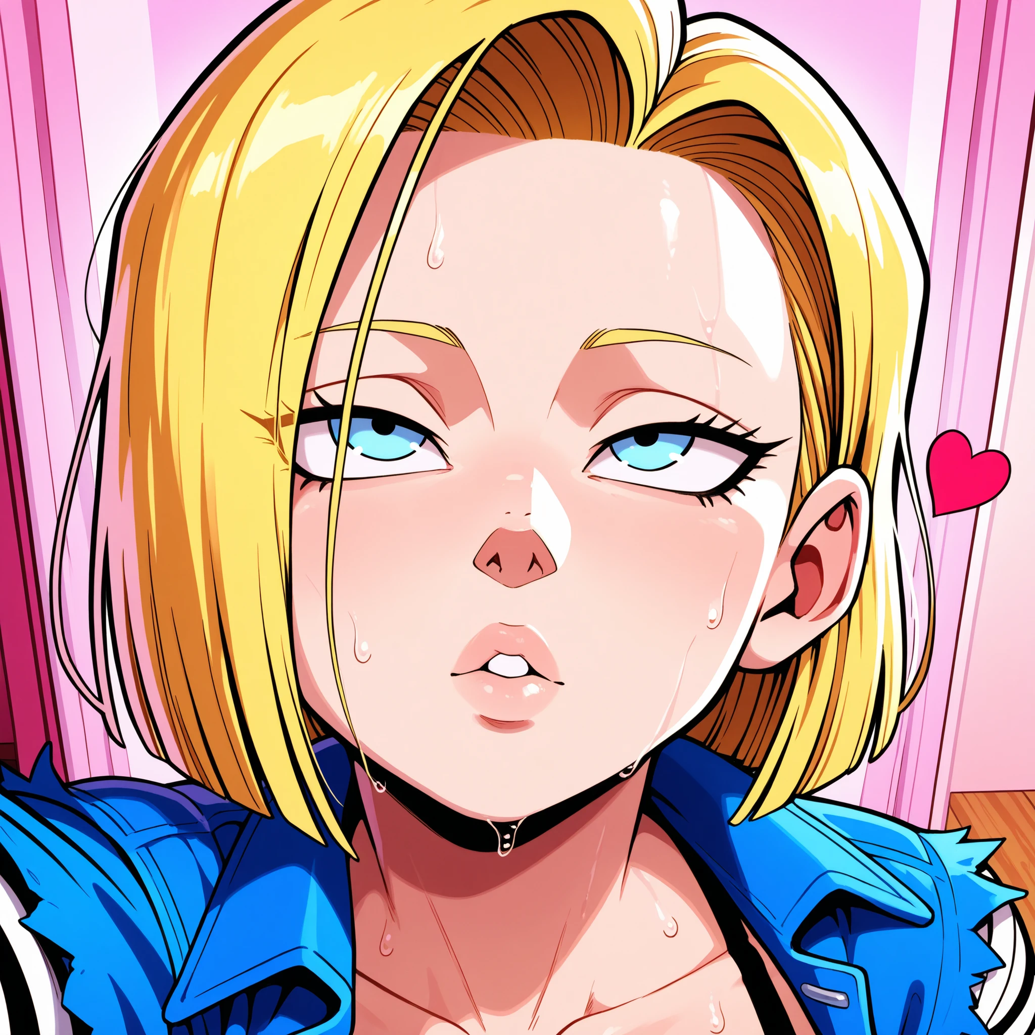 CARTOON STYLE, android 18, yellow hair, blue eyes, big huge bobbies, black bra, send a kiss to the selfie , looking up, hearts around, room, pink background, selfie, upper view, close up, wet